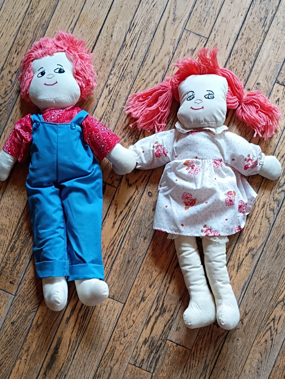 Rag Doll Pair - Pink Hair Fabric Dolls with Blue Outfit